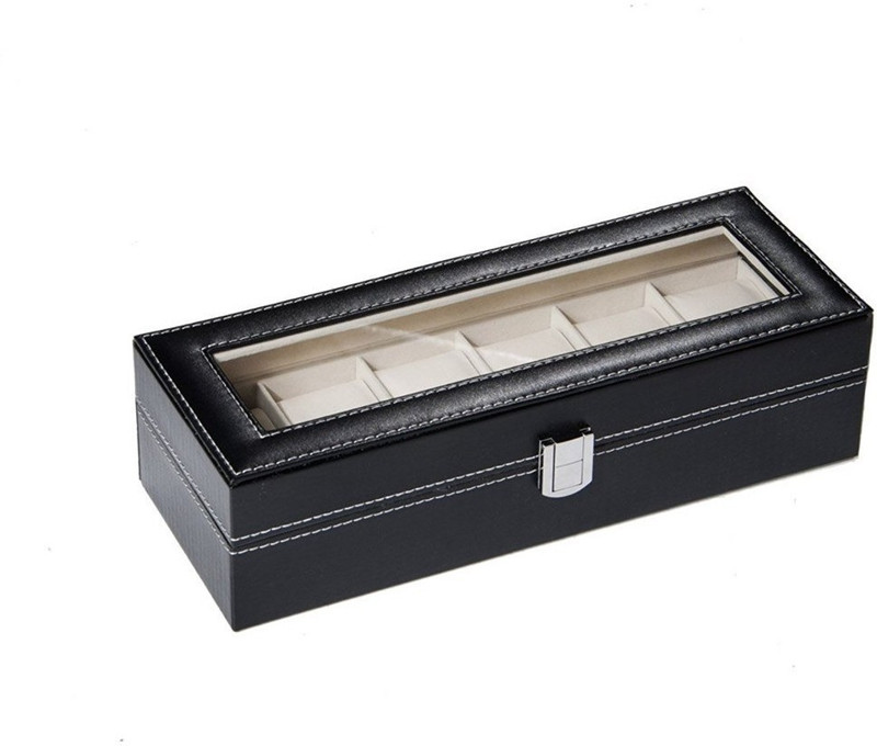 Smartcraft Faux Leather Watch Case - 6 Slots,Watch Box for 6 watches,Black Leather Display Glass Top Jewelry Case Organizer Watch Box(Black, Holds 6 Watches)