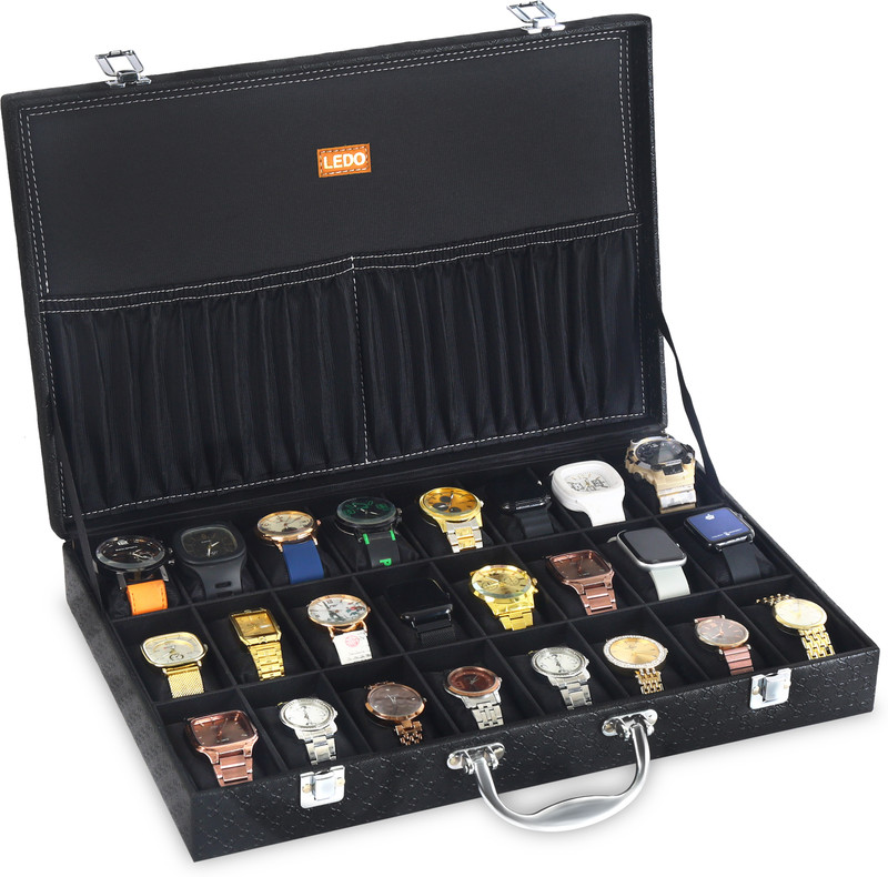 LEDO Watch Box Organizer Case In 18 Slots of Watches In Black color with Houndstooth Watch Box(Black & White, Holds 18 Watches)