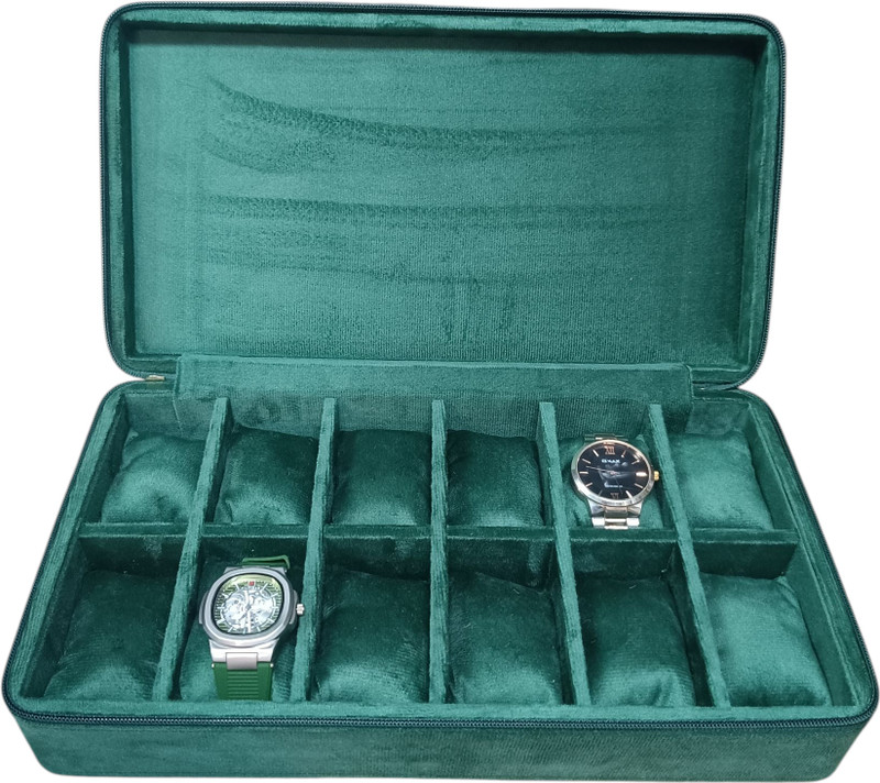 Sasco Creation 12 Slots Velvet Zipper Watch Box, Green Watch Box Watch Box(Green, Holds 12 Watches)