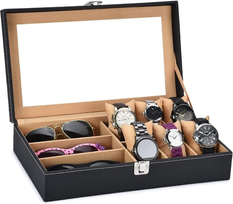 STORESHINE 6 Wrist Watch Display Box with 3 sunglasses slots Watch Box(Black, Holds 6 Watches)