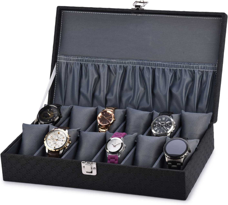 GROTT 12 Slots Black Gray Watch Boox Watch Box(Black, Holds 12 Watches)