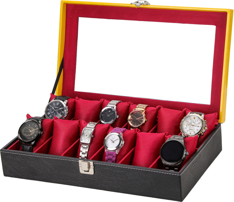 AnaGol Men's Women's, 12-Slot Watch Case Watch Box(Black & Maroon, Holds 12 Watches)