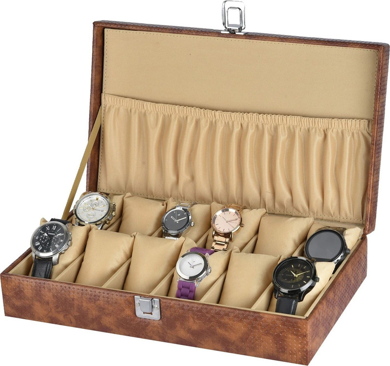 Zenwood Unisex 12 Slots Watch Box Organizer PU Leather Watches Display Case Storage Box Watch Box(Tan, Holds 12 Watches)