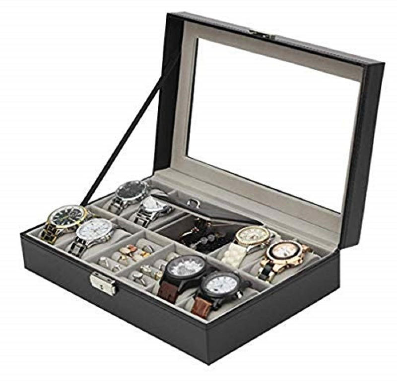SUKHAD Leather Wrist Watch Box Organizer 8 -Slot with Jewelry Organizer Watch Box(Black, Holds 10 Watches)