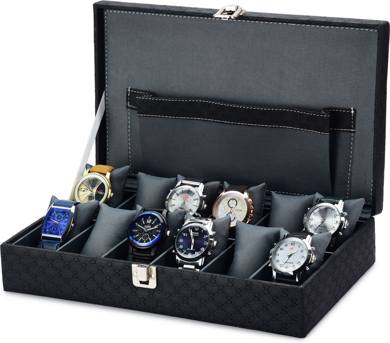 WATCHHUT Portable Men's and Women's Watch Box Organiser Case in Tran Watch Box Watch Box(Black, GRAY, Holds 12 Watches)