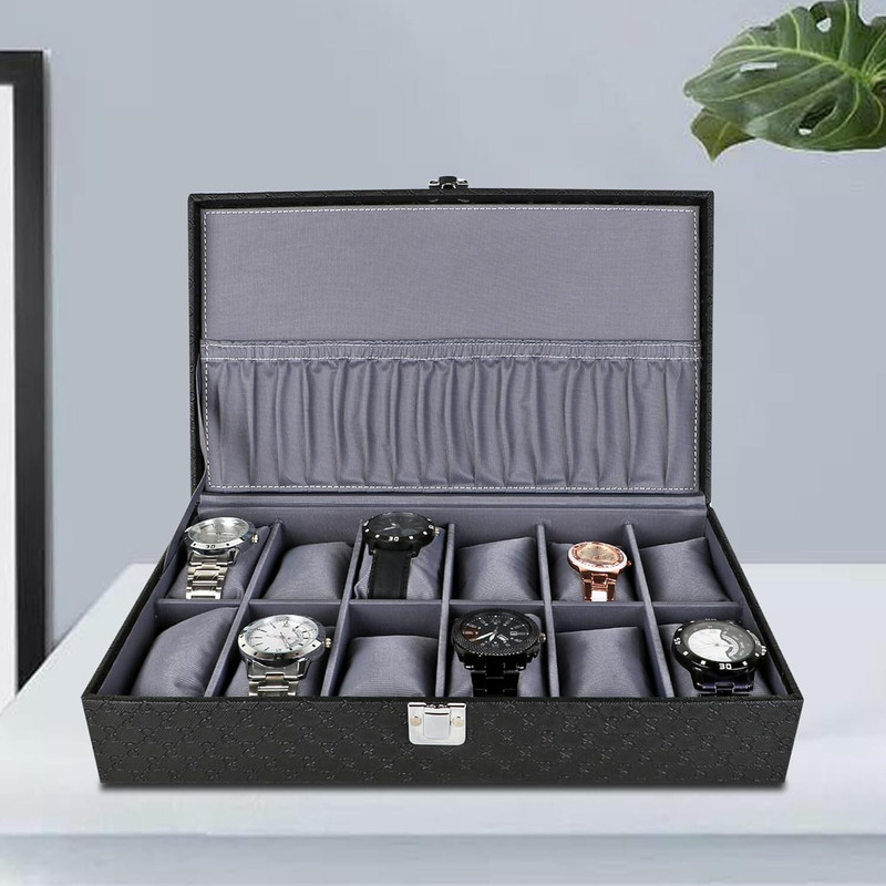 EURO KOZA Premium 6 Watch Organizer Box – Black, PU Leather Display & Storage Watch Box Watch Box(Black and Grey, Holds 6 Watches)