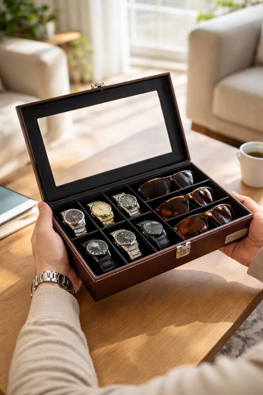 BOXXO Luxury Premium Watch sunglasses organizer box - Brown Watch Box(Brown, Holds 9 Watches)