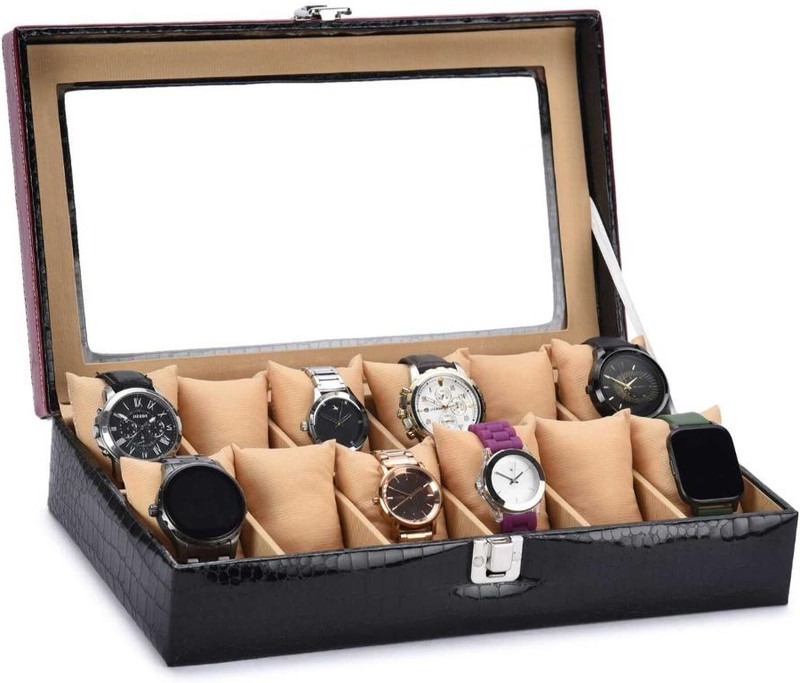 PARALOT New Black & Maroon Patti Glass Design Watch & Goggle Box (Only Box) Watch Box(Black & Marron, Holds 9 Watches)