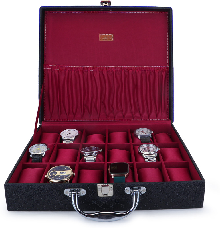 LEDO Men & Women Watch Box Holder Organizer Case In 18 Slots of Watches Square Shape Watch Box(Black, Holds 18 Watches)