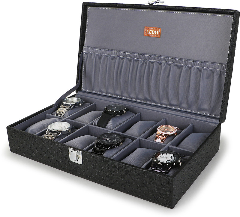 ALAWO Watch Box Organizer Holder for Men & Women 12 slots of watches Black and Gray Watch Box(Black, Holds 12 Watches)