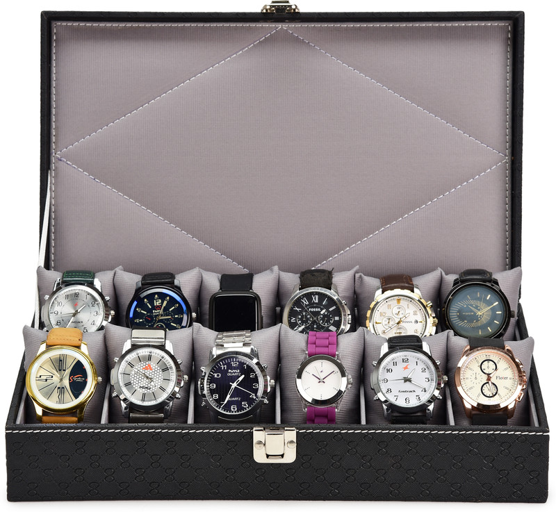 Alika Royal Black Watch Case, Watch Organiser for Men`s and Women`s Watch Box(Black, Red, Holds 12 Watches)