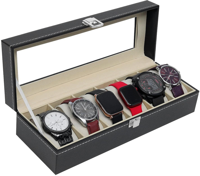 aashita shoppe watch case,6 slot watch box pu leather finish watch organizer case (black) Watch Box(Black, Holds 6 Watches)