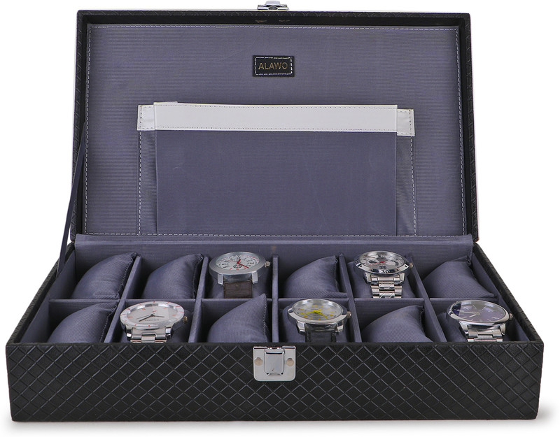 ALAWO Watch Case Box with 12 slots of watches with 1 Pocket Black & Cherry Color Watch Box(Black, Holds 12 Watches)