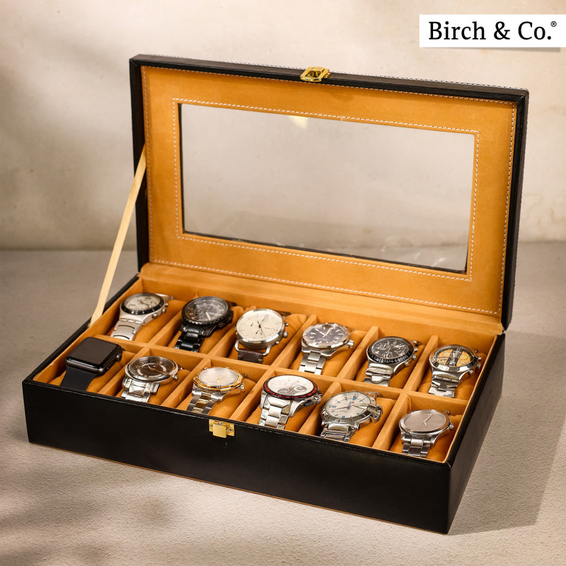 Birch & Co. Watch Box Organizer 6 Slot Display Case with Glass Lid Men’s & Women’s Watch Box(Black, Holds 6 Watches)
