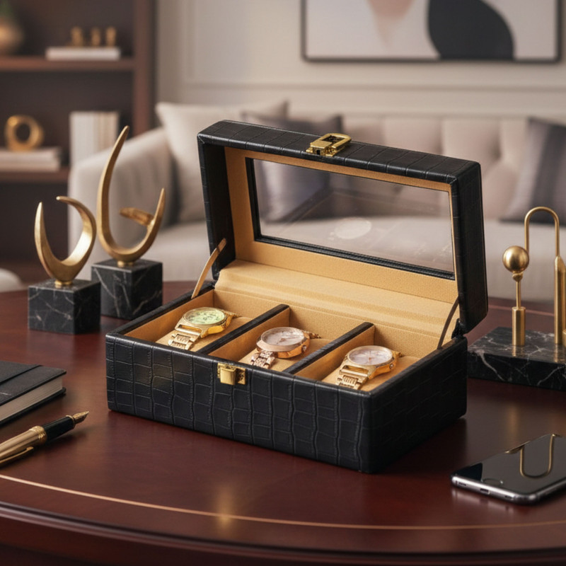 Ayesha Goods PU Leather Watch Box 3 Slots for Men and Women Watch Box(Black, Holds 3 Watches)