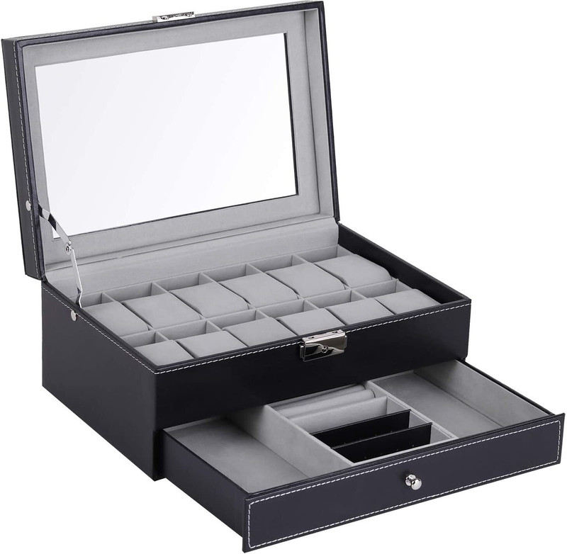 BUCKETLIST 12 Slot Watch Storage Boxes 2-Tier PU Leather Organizer Watch Showcase Watch Box(Black, Holds 20 Watches)