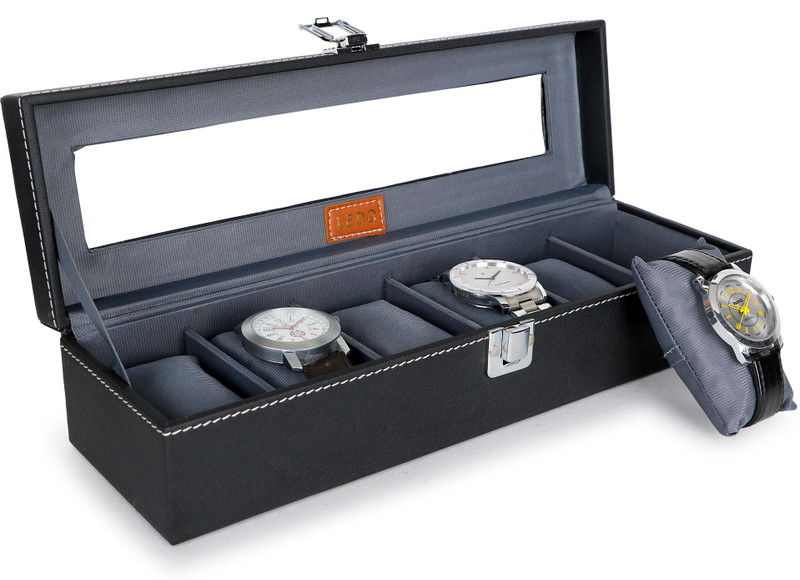 LEDO Watch Box Holder Case in 6 slots of Watches with Transparent Look Black&Gray Watch Box(Black, Holds 6 Watches)