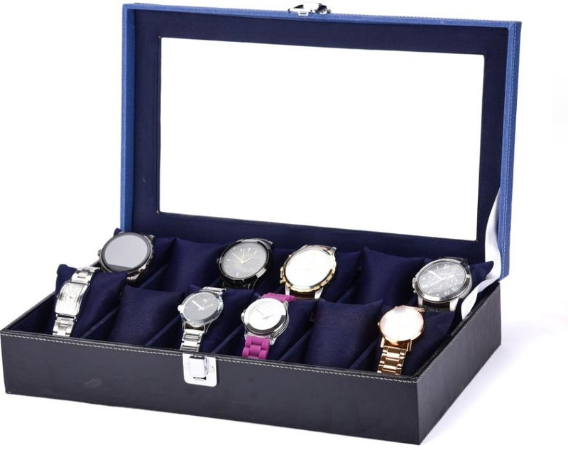 PARALOT New Black & Blue Patti Glass Design watch box for 12 watches Watch Box(Black & Blue, Holds 12 Watches)