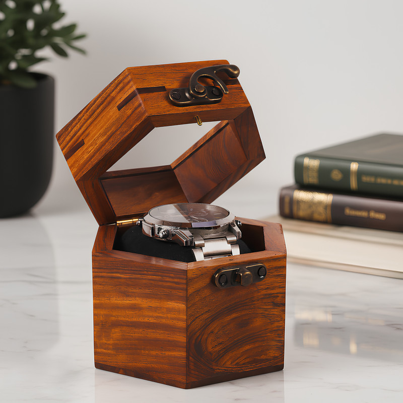Karigar Wooden Hexagon Watch Box Glass Lid Watch Box(Brown, Holds 1 Watch)