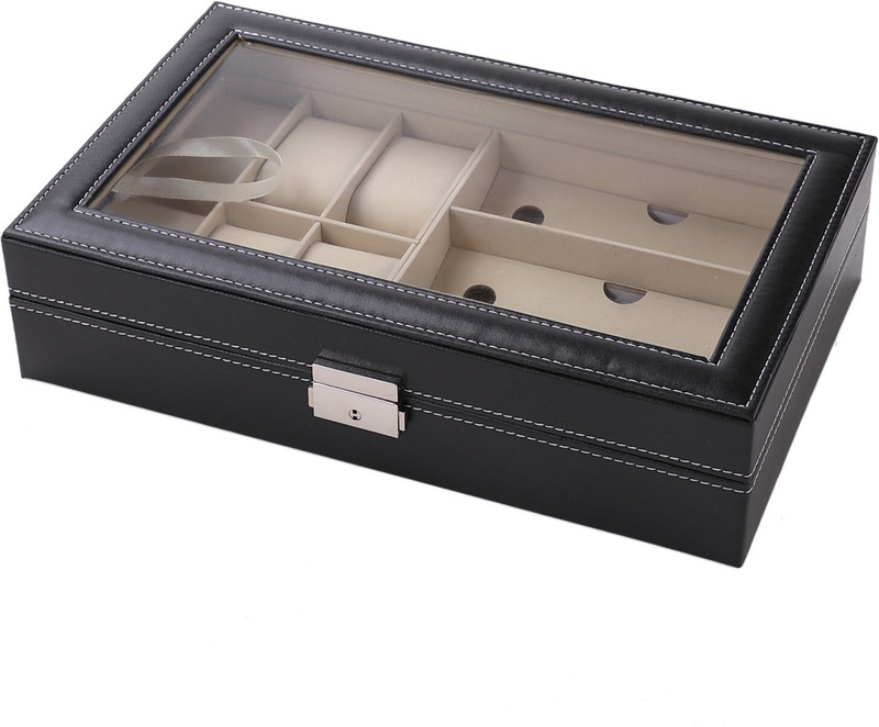 KUBER INDUSTRIES 6 Slot Watch Storage Box With 3 Slot Glasses organizer|Black| Watch Box(Black, Holds 6 Watches)