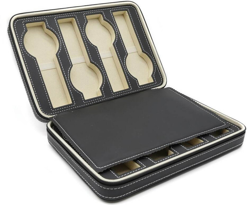 Skywalk Black PU Leather 8 Slot Travel Wrist Watch Box Case Jewellery Storage Box Watch Box(Black, Holds 8 Watches)