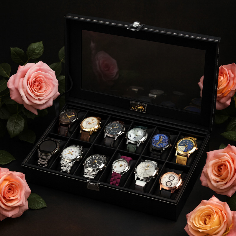 NAIPTO Luxury Leather 12-Slot Watch Organizer Box Watch Box(Black, Holds 12 Watches)
