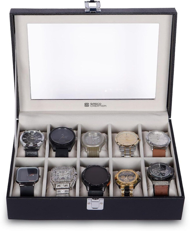 Sasco Creation Premium Leather Watch Box with Glass Lid – Elegant Organizer for Men & Women Watch Box(Black, Holds 12 Watches)