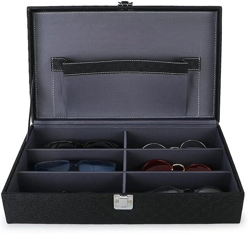 house of common Sunglasses Box Organizer Holder Case in Black with 6 Slots figting Watch Box(black and grey, Holds 6 Watches)