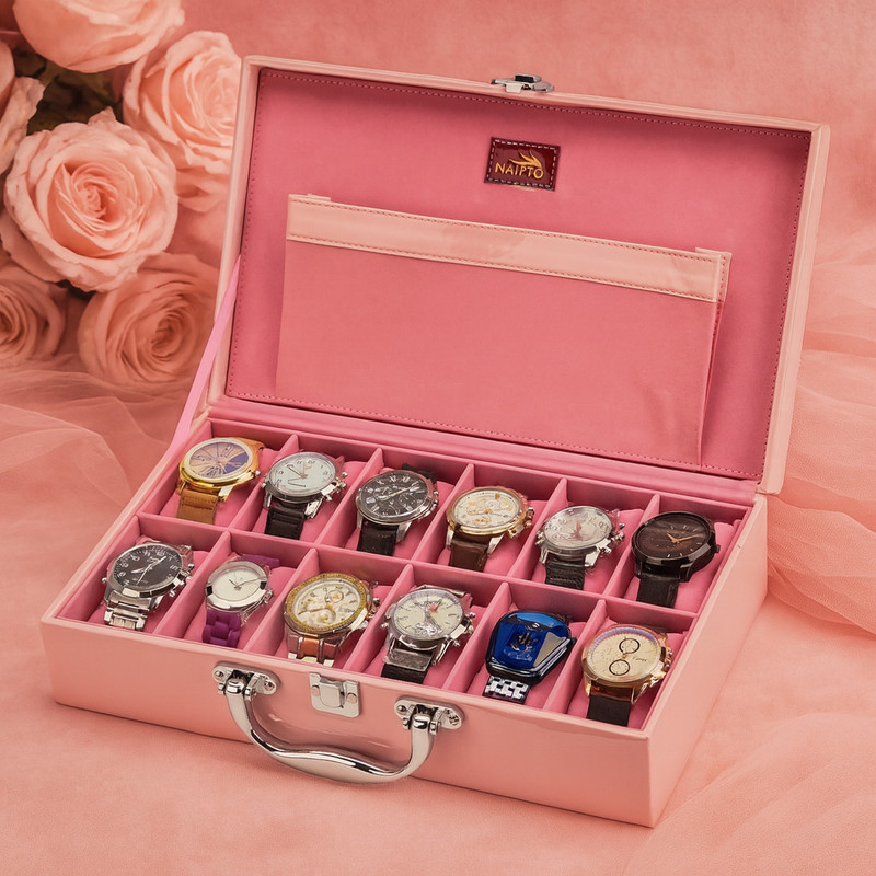 NAIPTO Luxury Pink Leather Watch Organizer Box | Premium Velvet Interior | Watch Box(Pink, Holds 12 Watches)