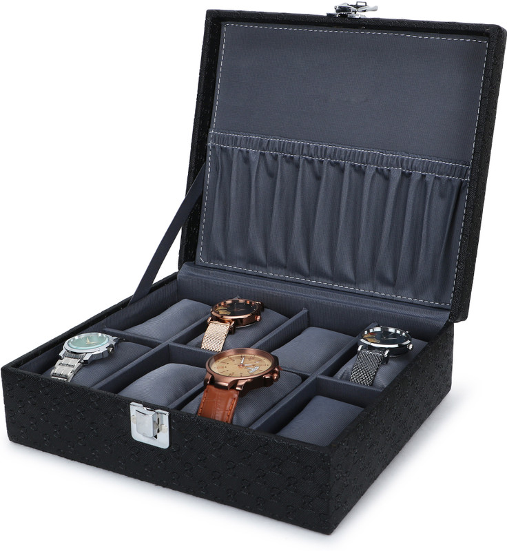 ALAWO Watch Box Holder Case In 8 Slots PU Leather with Black & Gray color Watch Box(Black, Holds 8 Watches)