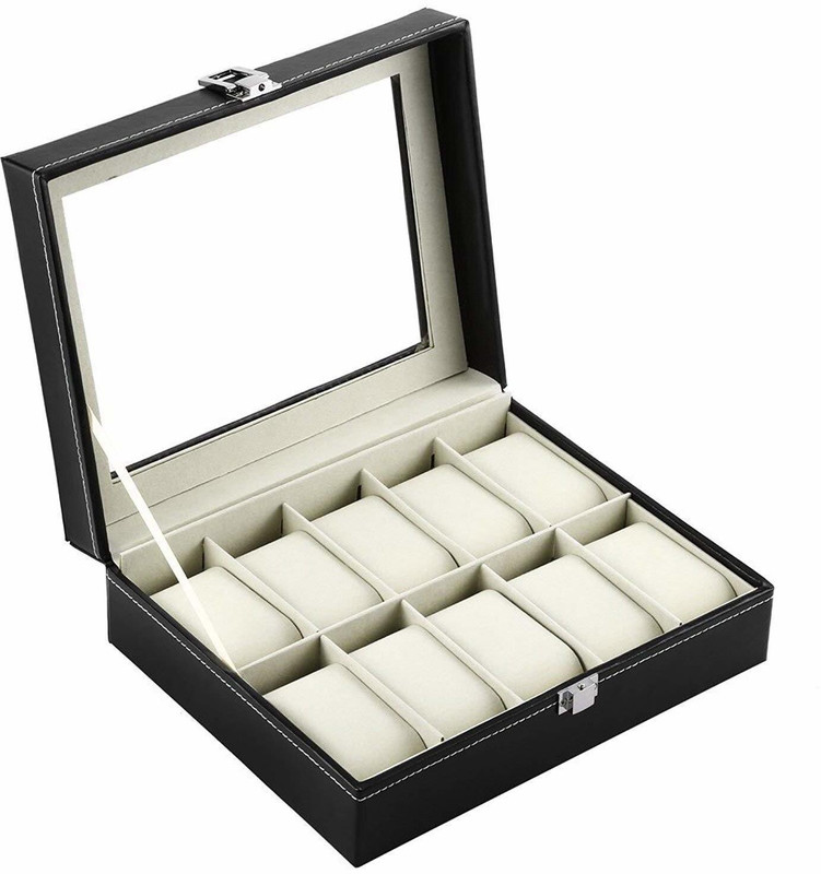BUCKETLIST Leather Watch Storage Box with Finish and Glass Window Metal Lock with 10 Slots 25 x 20 x 8 cm, 1- Piece Watch Box(Black, TRANSPARENT, Holds 10 Watches)