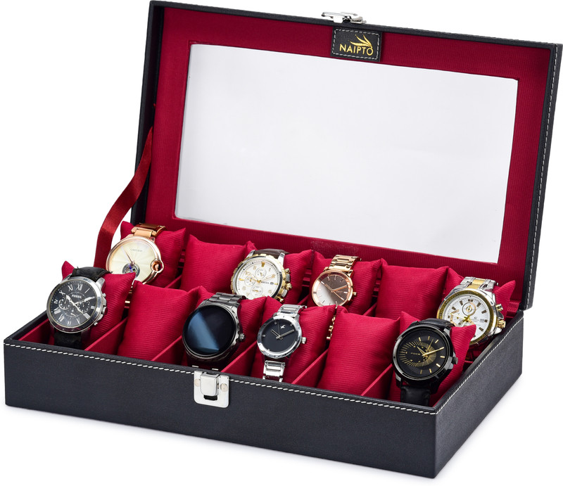 NAIPTO Watch box 12 slots for 12 Watches( 12 watch holder colour red) Watch Box(black with a red interior, Holds 12 Watches)