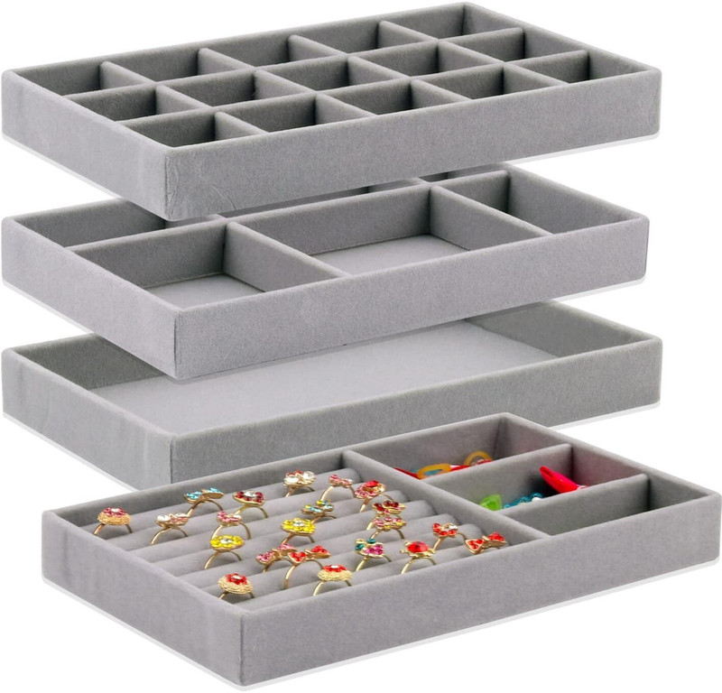 mastano Velvet Jewelry Tray Organizer for Drawer, Set of 4 Small Stackable Jewelry Tray Watch Box(Gray, Holds 4 Watches)