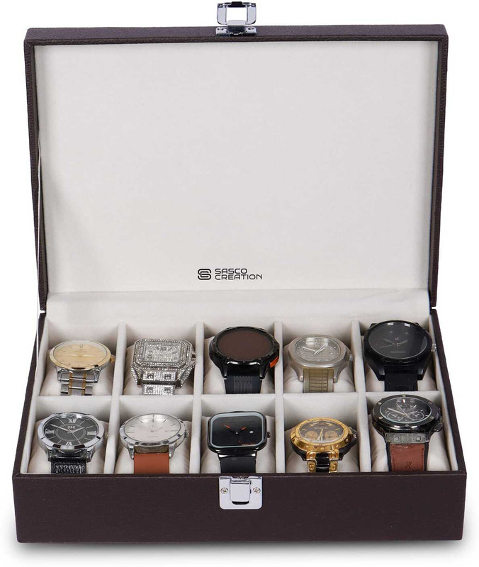 Sasco Creations Sasco 12-Slot Leather Watch Box:Stylish Organizer for Storage, Display & Travel. Watch Box(Brown, Holds 10 Watches)