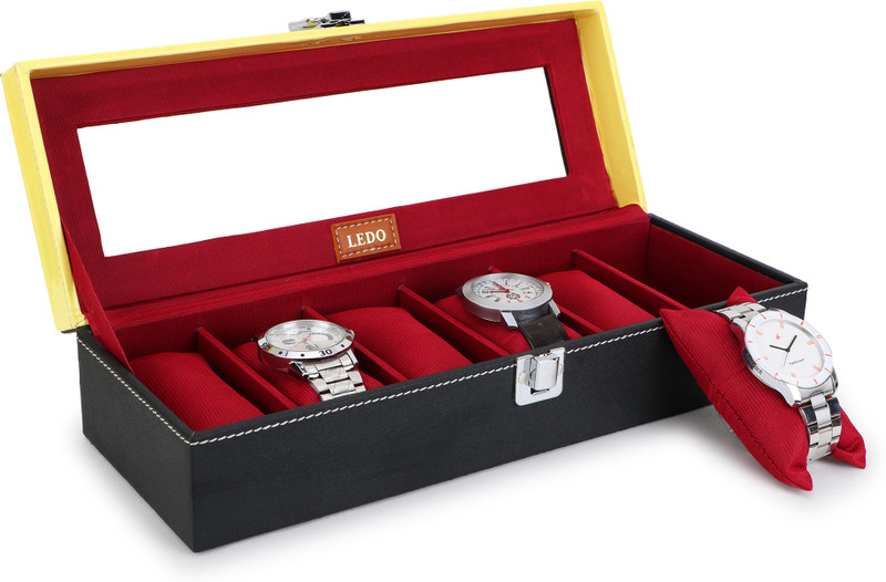 LEDO Watch Box in 6 Slot with Black and Cherry Luxury Display Case with Lock Pack Of2 Watch Box(Black & Cherry, Holds 6 Watches)