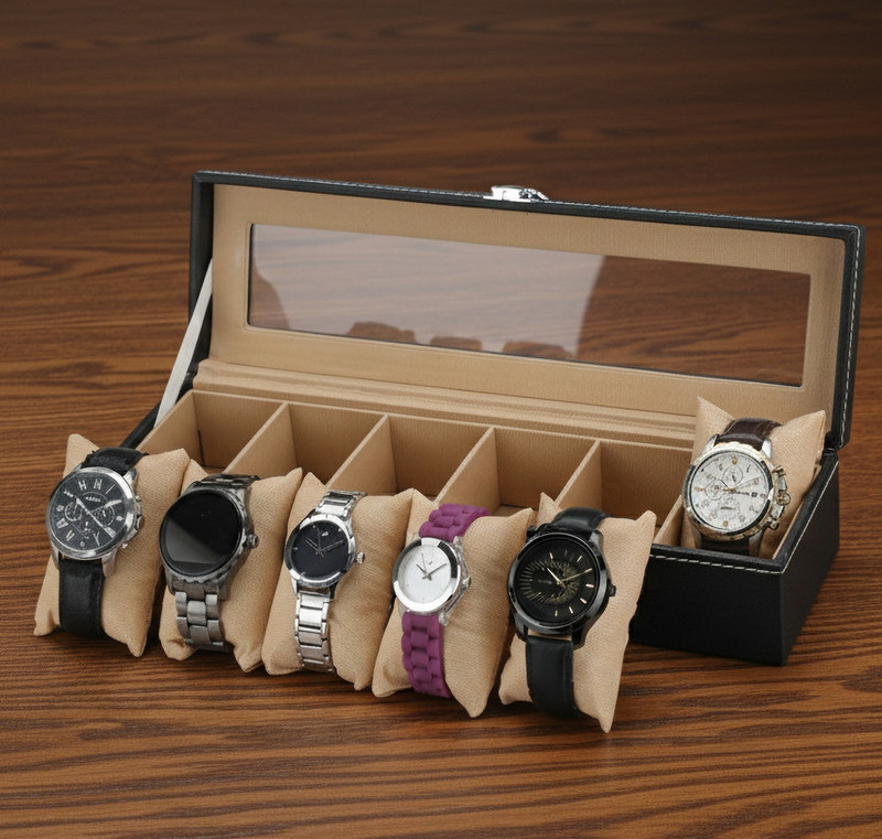 Zenwood Men Women 6 Slots Watch Box case organizer Leatherette Gift Box Black Color Watch Box(Black, Beige, Holds 6 Watches)