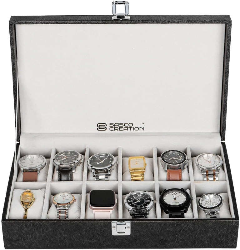 Sasco Creation Premium PU Leather Watch Organizer for Stylish and Secure Storage Watch Box(Black, Holds 12 Watches)