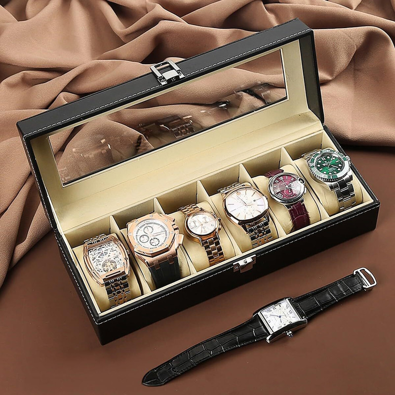 Wolpin Premium 6-Slot PU Leather Watch Organizer with Glass Display Lid Watch Box(Gold, Holds 6 Watches)