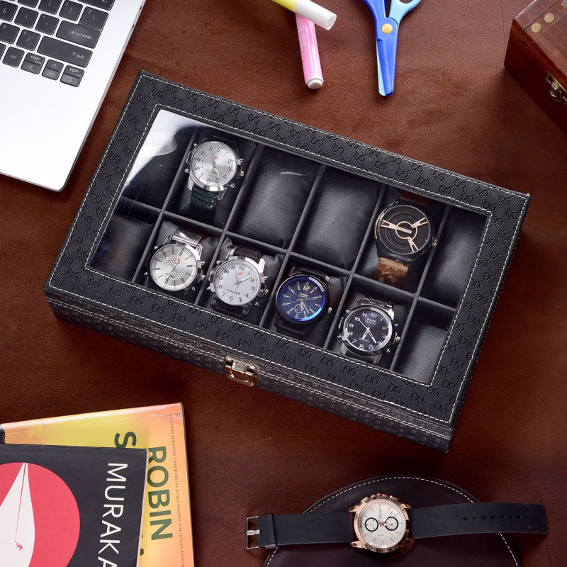 WATCHHUT Exclusive Men's and Women's Watch Box Transparent Organiser Case in Tran Watch Box(Black, Gray, Holds 12 Watches)