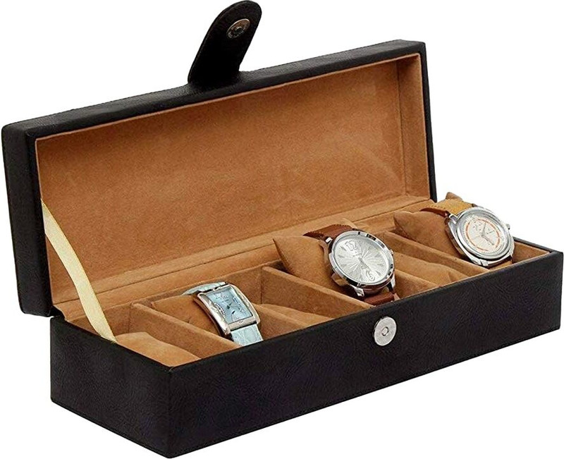 Leatherworld Watch Box, Watch Case, Watch Storage Box, watch holder, Watch Organizers Watch Box(Black, Holds 6 Watches)