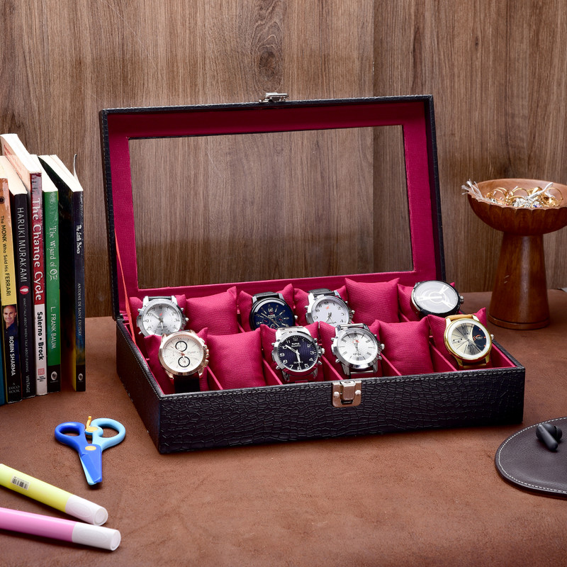 WATCHHUT Epoch Men's and Women's Watch Box Organiser Case in Tran Watch Box Watch Box(Black, GRAY, Holds 12 Watches)