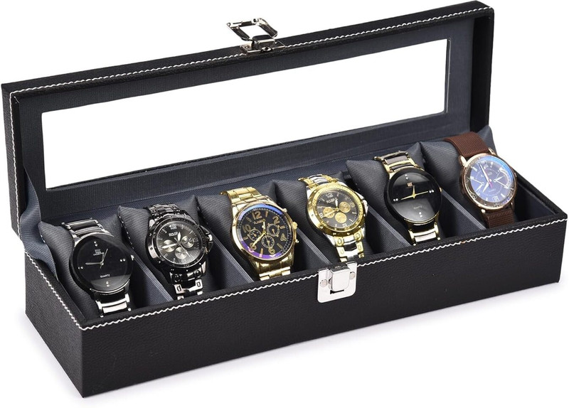 rj enterprises 6 Watch Storage Box in Black with Grey Velvet | Stylish Organizer & Gift Box Watch Box(Black, Holds 6 Watches)