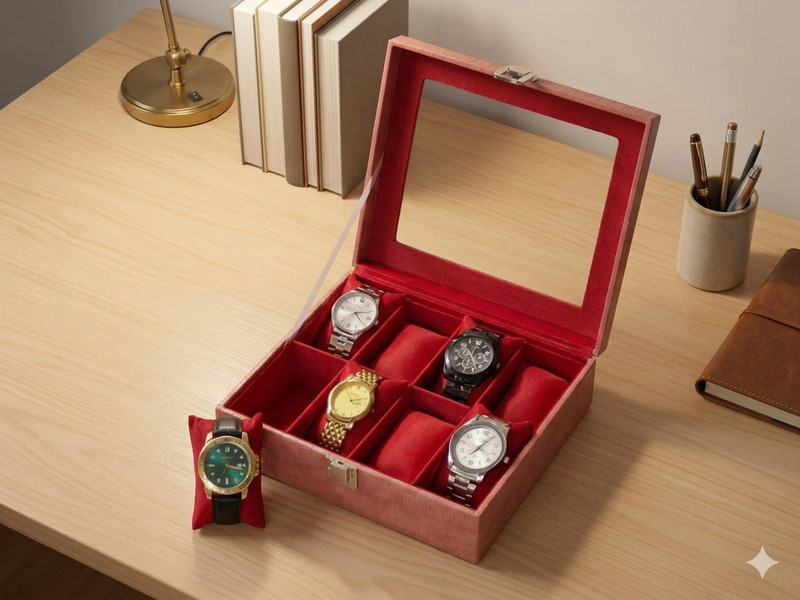 HA SALES Watch Box Case in 6 slots Faux Leather & White Velvate Watch Box(Green, White, Holds 6 Watches)