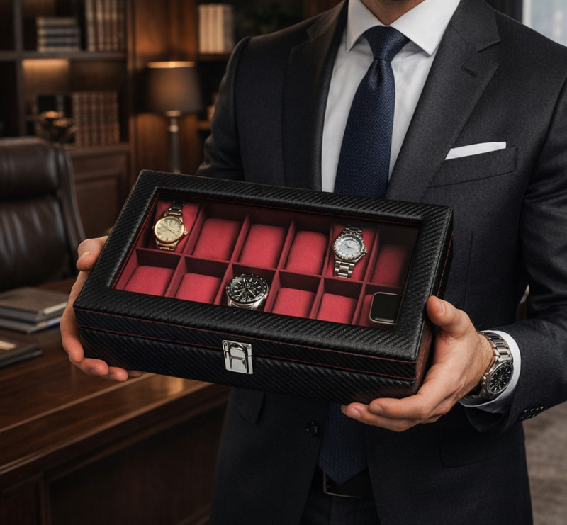 ChestKraft “Black Gold Pearl”12 Slot Watch Box Organizer with Transparent top , Gloss Black with contrast Grey Suede, , Made in High Quality Leatherette and Velvet Watch Box(Black, Holds 12 Watches)