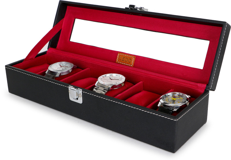 LEDO Watch Box Holder Case in 6 slots of Watches Transparent Look Black&Cherry Watch Box(Black&Cherry, Holds 6 Watches)