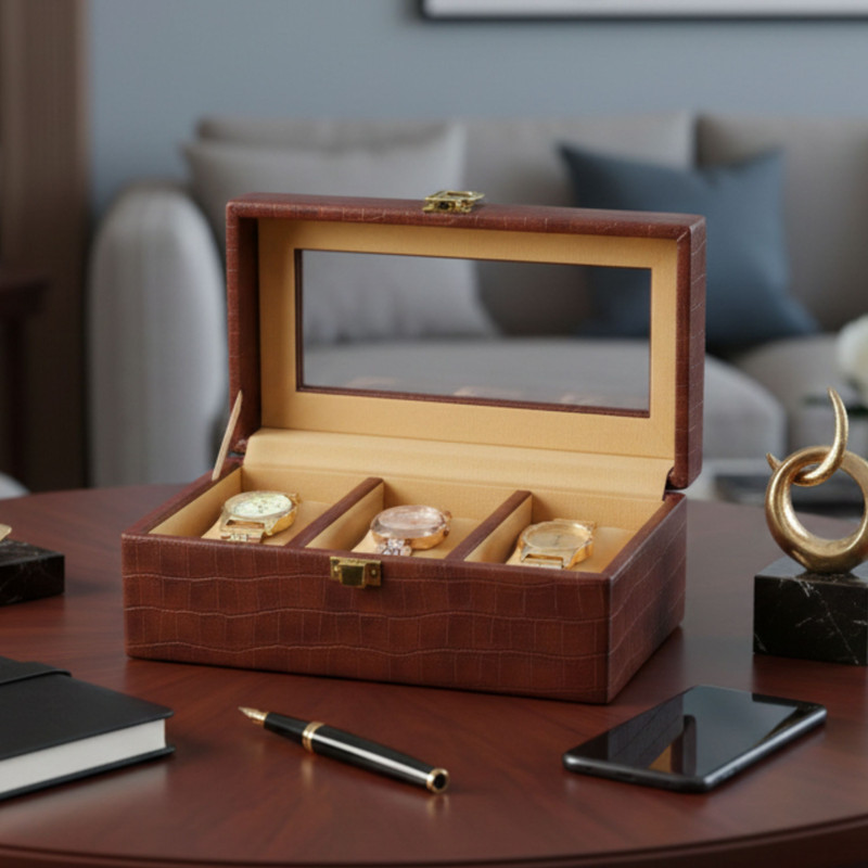 Ayesha Goods 4 Slot PU Leather Box Watch Box(Black, Holds 4 Watches)