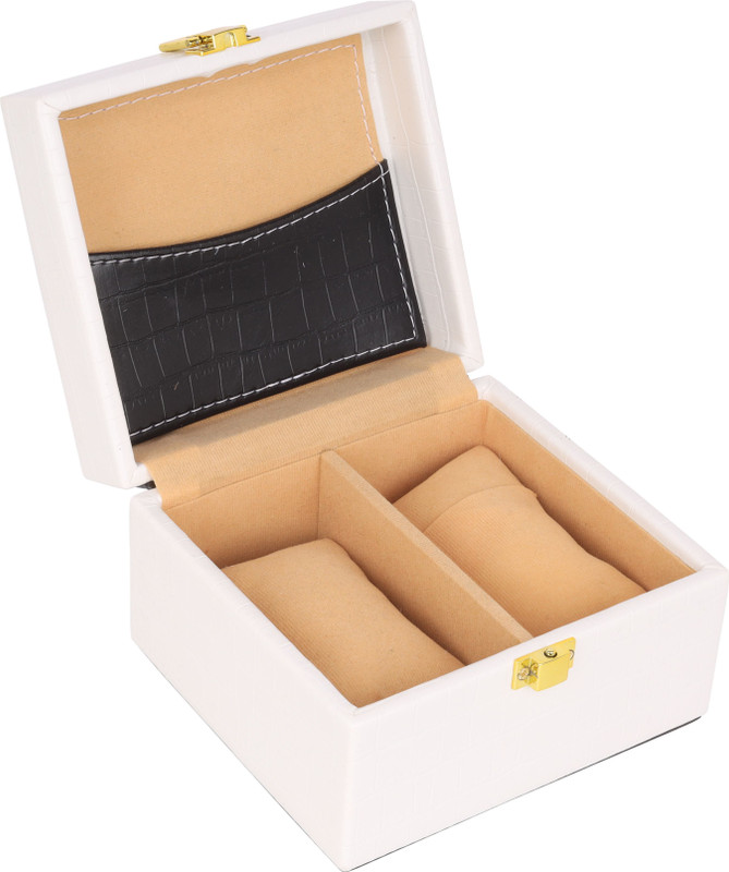 Ayesha Goods PU Leather Travel Case with Brown Velvet Interior, Secure Lock & Cushion Pads Watch Box(White, Holds 2 Watches)