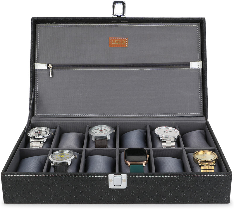 LEDO Men's & Women's Watch Box 12 Slots watches PU Leather Royal Black & Gray Color Watch Box(Black, Holds 12 Watches)