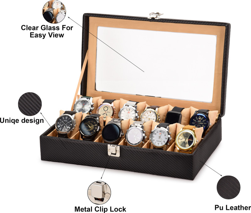 GROTT Premium Watch Storage Box Organizer with Glass Lid & Soft Cushions Watch Box(Black, Beige, Holds 12 Watches)