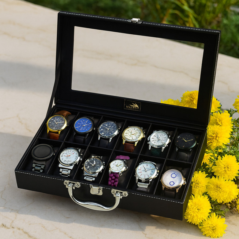 NAIPTO Premium Leather Watch Box Organizer with Glass Lid & Metal Handle (Black) Watch Box(Black, Holds 12 Watches)